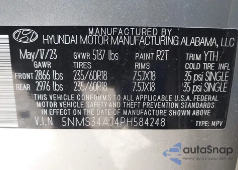 2023 Hyundai Santa Fe Sel from USA, damaged, VIN 5NMS34AJ4PH584248